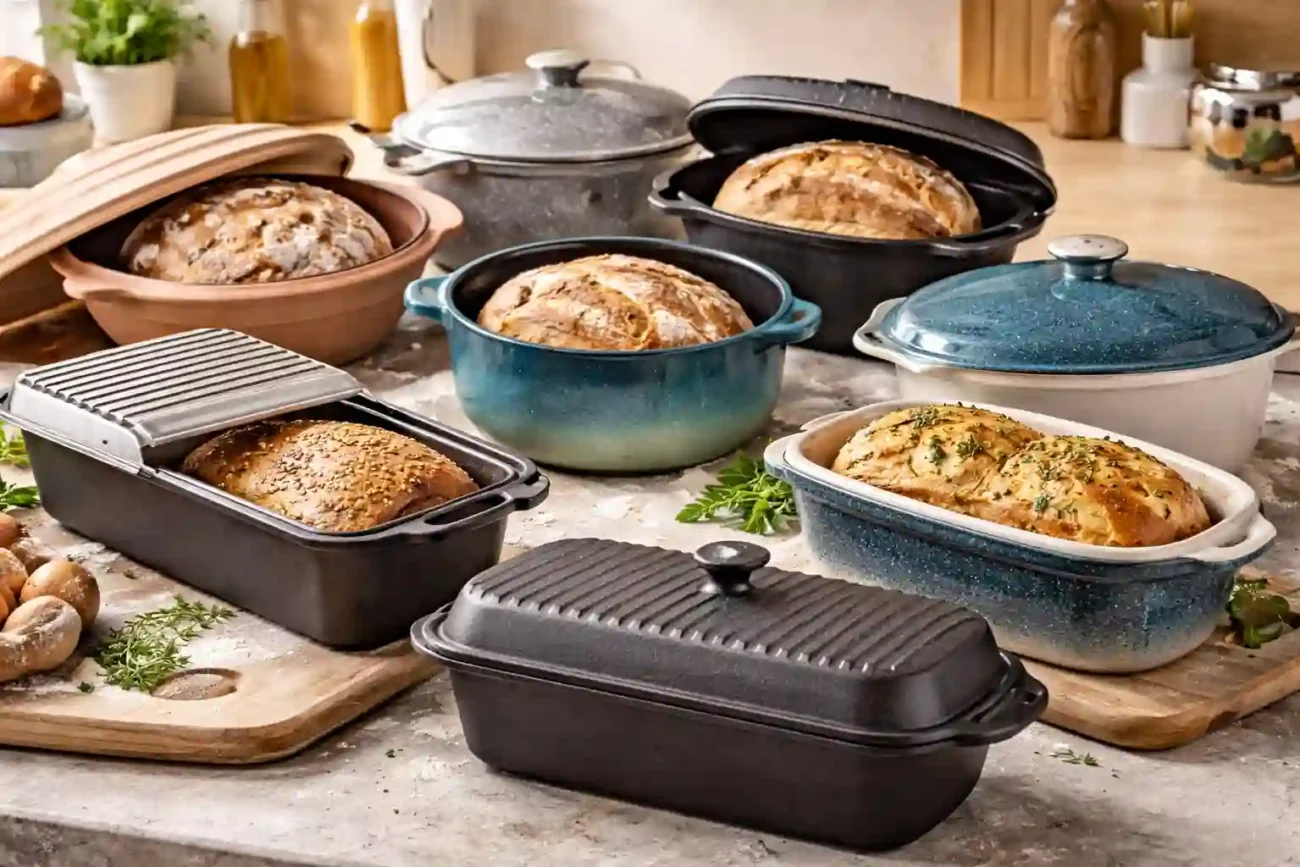 Beste Brotbackformen mit Deckel aus Gusseisen, Naturton und Metall mit frisch gebackenem Brot in der Küche