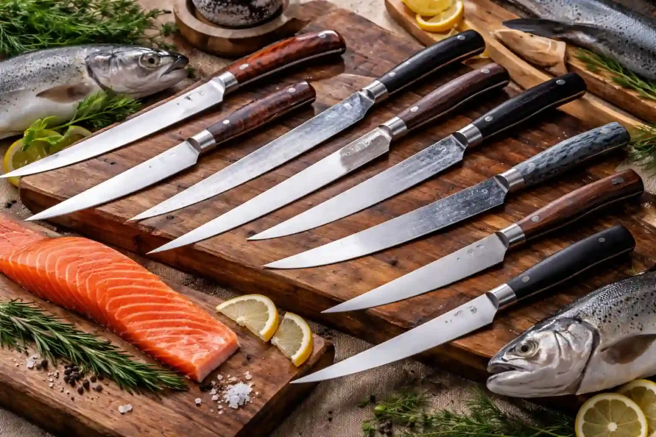 verschiedene filetiermesser für fisch auf einem holzbrett mit frischem lachsfilet und ganzen fischen