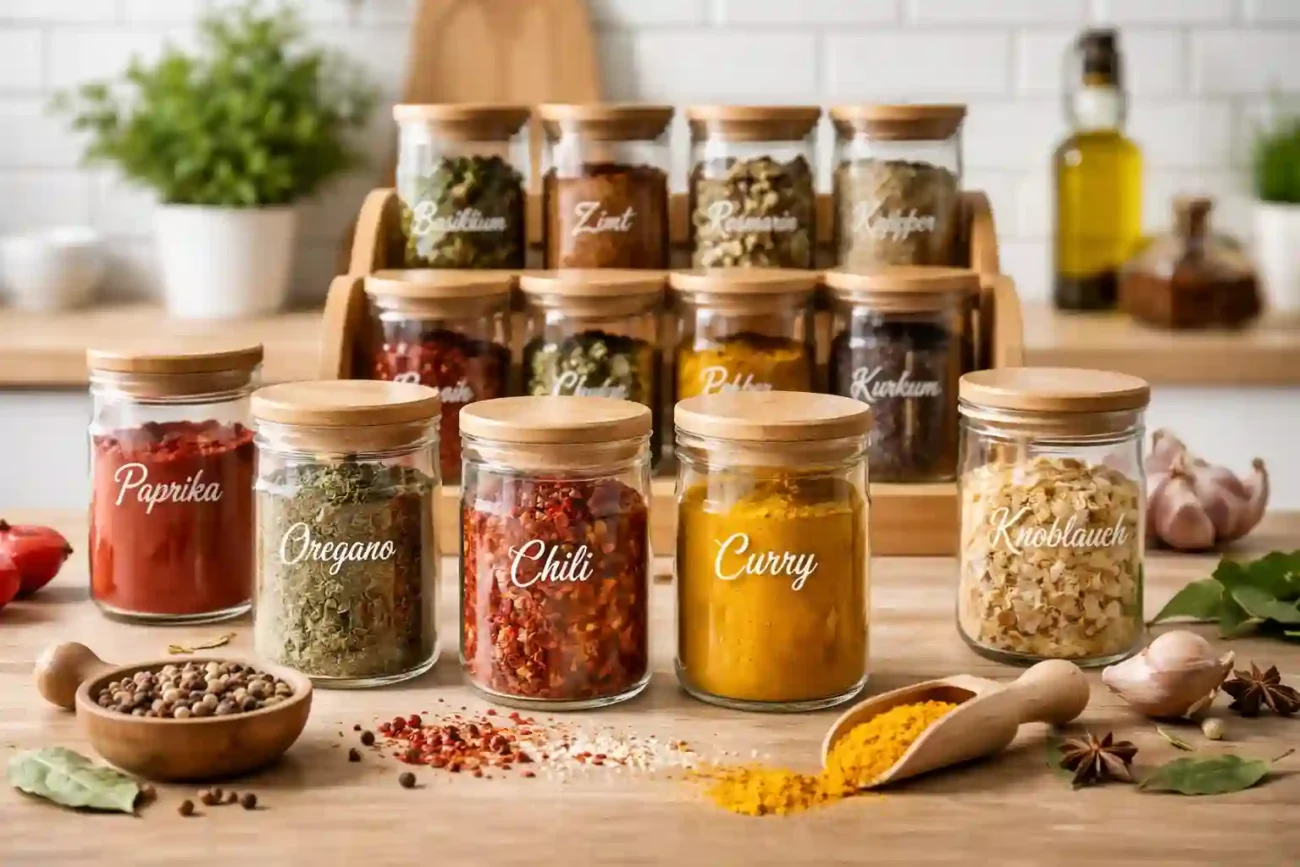 Gewürzgläser Set aus Glas mit Bambusdeckeln ordentlich auf einer Küchenarbeitsplatte arrangiert
