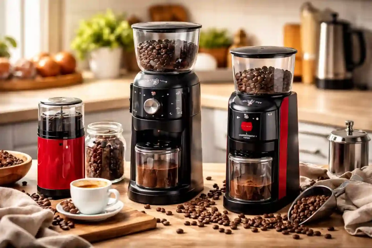 Alt-Text： Elektrische Kaffeemühlen mit Kaffeebohnen auf einer Küchenarbeitsfläche, frischer Kaffee und Bohnen neben mehreren modernen Kaffeemühlen in einer gemütlichen Küche.