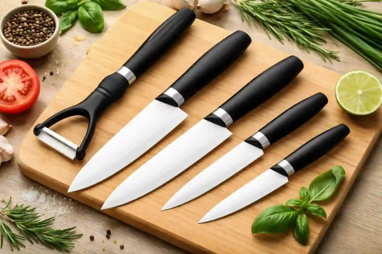 Beste Keramikmesser Sets mit weißen Keramikklingen und Schäler auf Holzbrett