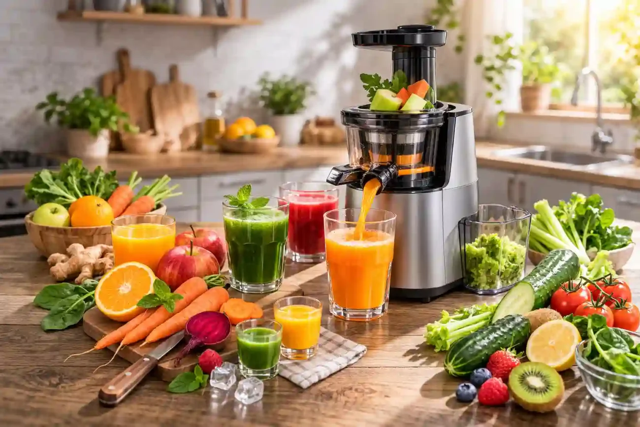 Beste Slow Juicer Entsafter 2026 in einer hellen Küche mit frischem Obst, Gemüse und frisch gepressten Säften