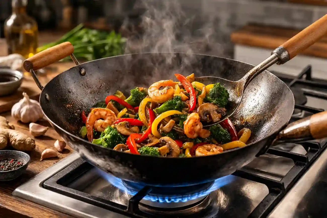 Karbonstahl Wok mit Gemüse und Garnelen beim Stir-Fry auf einer Gasflamme – Beispiel für beste Woks für Gasherde