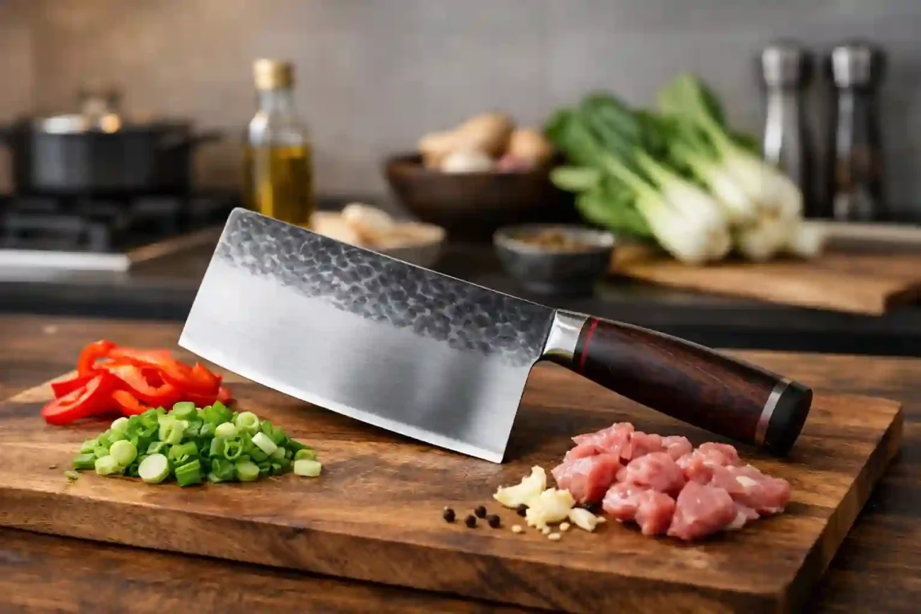 Asiatisches Hackmesser beim Schneiden von Gemüse auf Holzbrett in moderner Küche