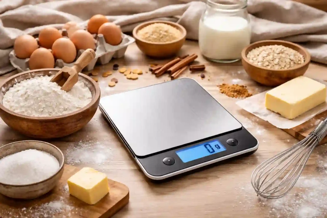 Digitale Küchenwaage fürs Backen mit Mehl, Eiern und Butter auf einer Holzoberfläche