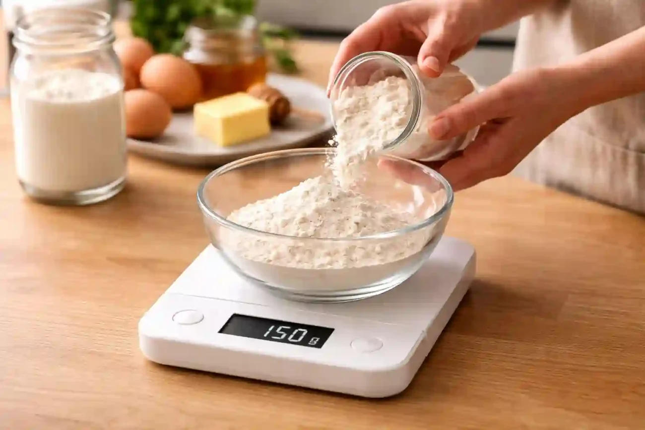 Küchenwaage Genauigkeit beim Backen während Mehl von Hand auf digitale Küchenwaage gegeben wird