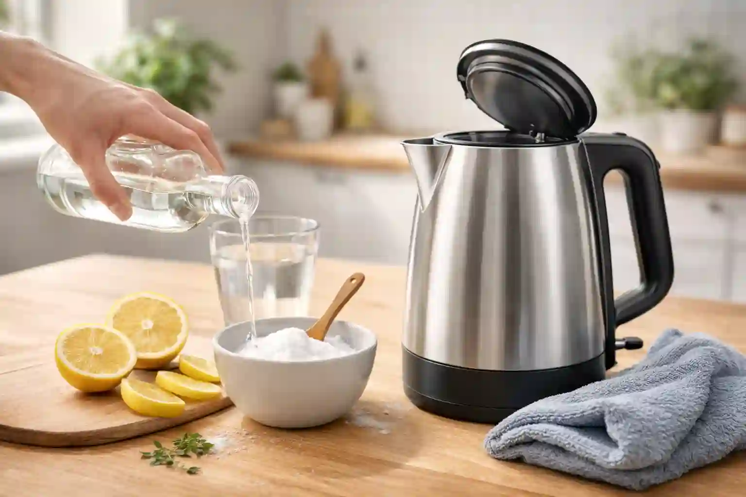 Entkalkung und Pflege eines Edelstahl-Wasserkochers mit Zitrone und Reinigungsmitteln in der Küche